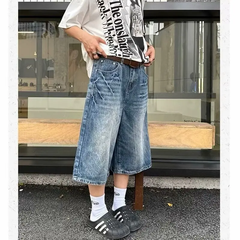

Summer Men's American Washed Pattern Loose Seven Quarter Denim Shorts Street Straight Wide Leg Hip Hop Jeans Shorts