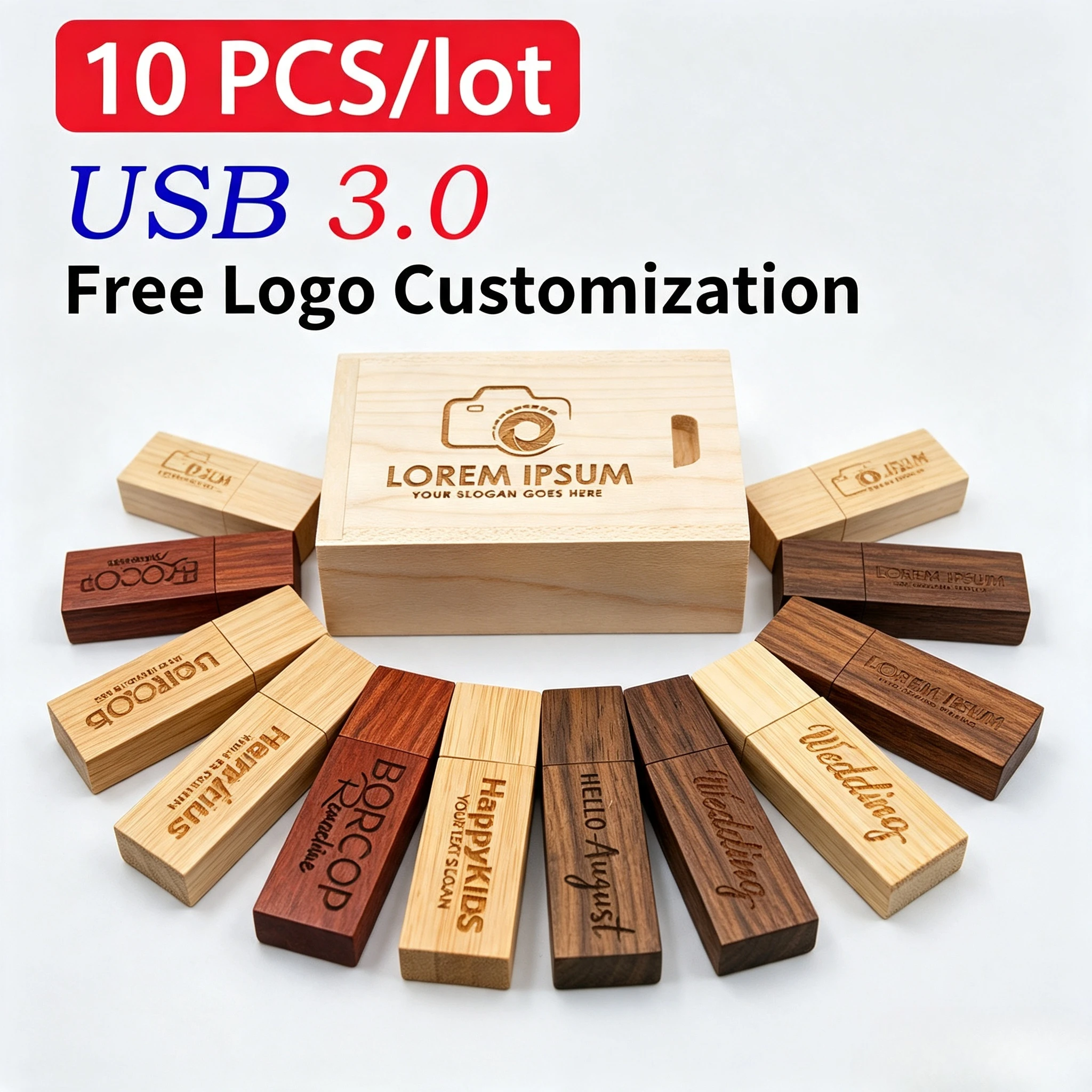 10PCS/LOT Photography Wooden USB 3.0 Flash Drive 128GB Free Custom Logo Pen Drives 64G Memory Stick 32G Wedding Box Gift 16GB