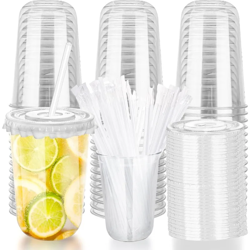 100pcs Disposable Stemless Wine Glasses with Flat Lids & Straws Clear Plastic Drinking Cups for Birthday Wedding Christmas Party & Meeting Supplies