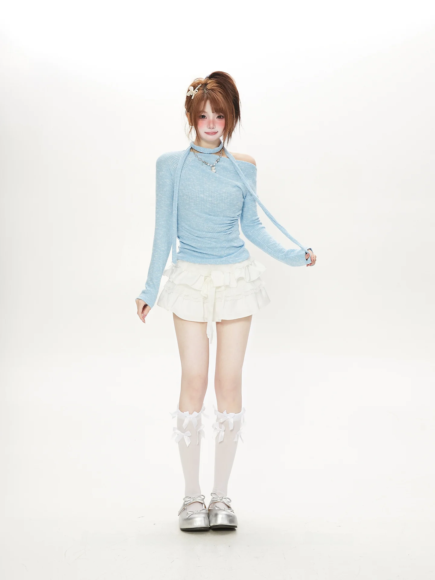 

Dopne Blue oulder Scarf Long Sve Slim Fit T-irt Women Spring Autumn Waist Cinch Trendy Spicy Girl Top Casual Sle