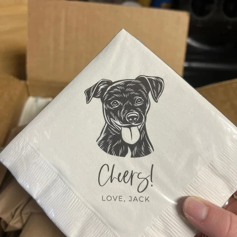 Custom Pet Cocktail Napkins for Weddings and Special Events, Personalized Wedding Napkins with Dog or Cat Illustrations