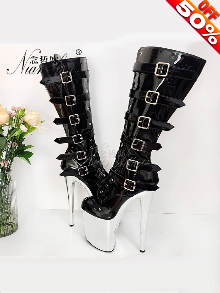 Hot Mid-Calf Black Belt Buckle Stripper Heels Platform Boots Exotic Dancer Pole Dance Shoes Cross Dressing Nightclub Gothic Punk