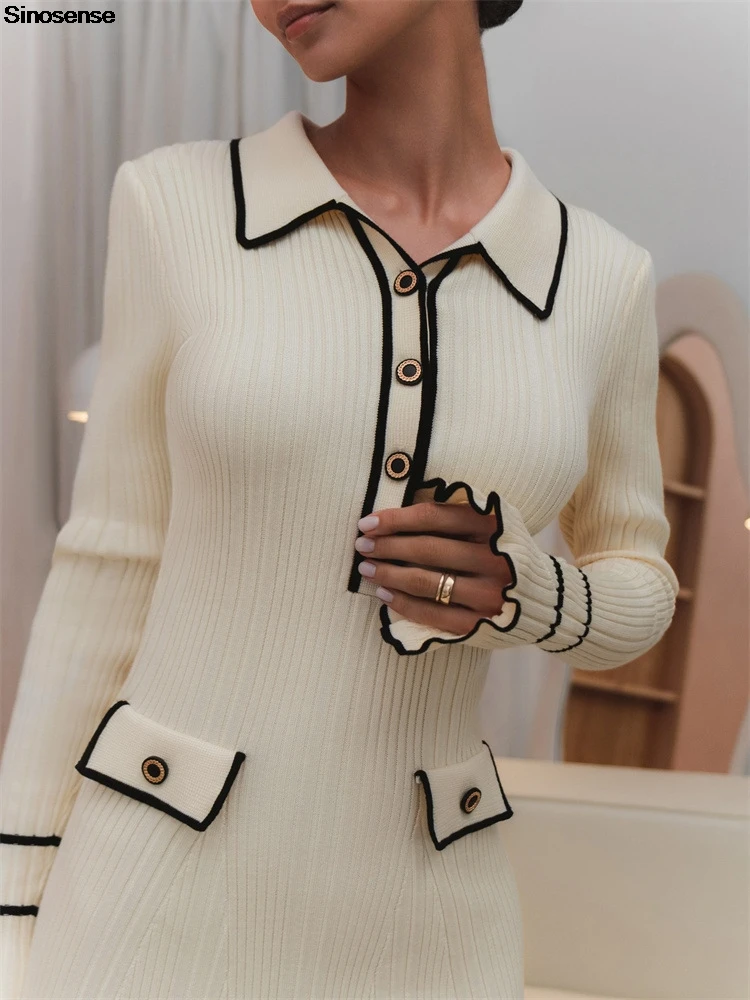 Women's Autumn Winter Long Sleeve Sweater Dress Ribbed Knit Ruffle Hem Bodycon Crochet Dress Elegant Work Office Mini Dress