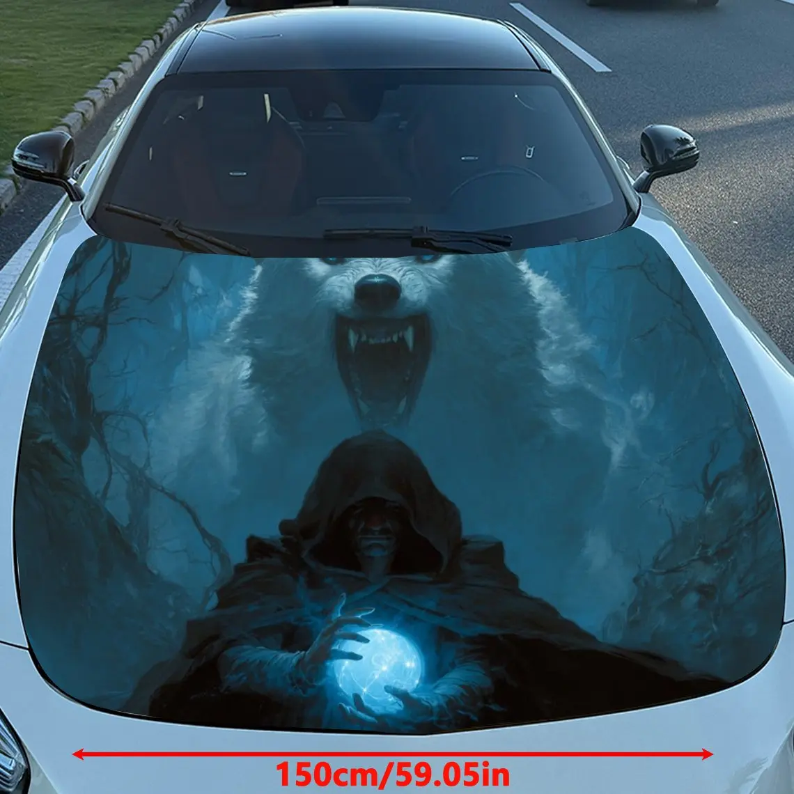 شخصيات غامضة بغطاء للرأس وملصق غطاء محرك السيارة الذئاب، طبقة غطاء حماية شخصية محرك PVC متينة، سهلة التركيب وات #2
