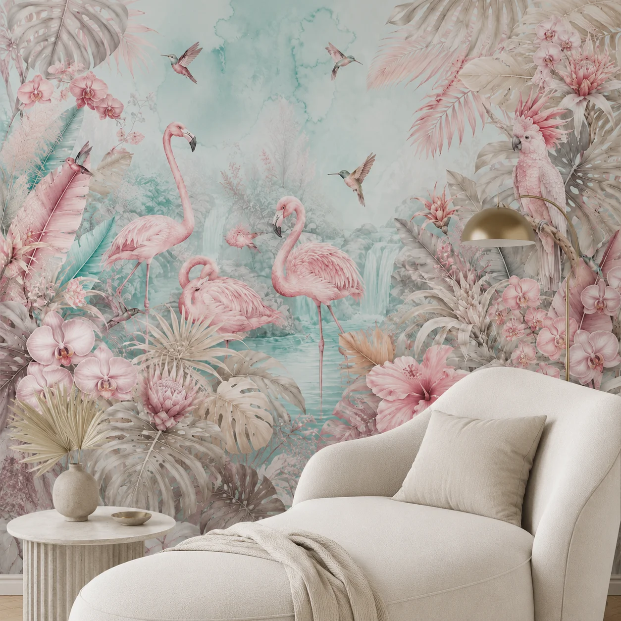 Pastel Flamingo Parrot Hummingbird Wall Mural Wallpaper Pink Tropical Floral Jungle Girls Bedroom Non Self Adhesive