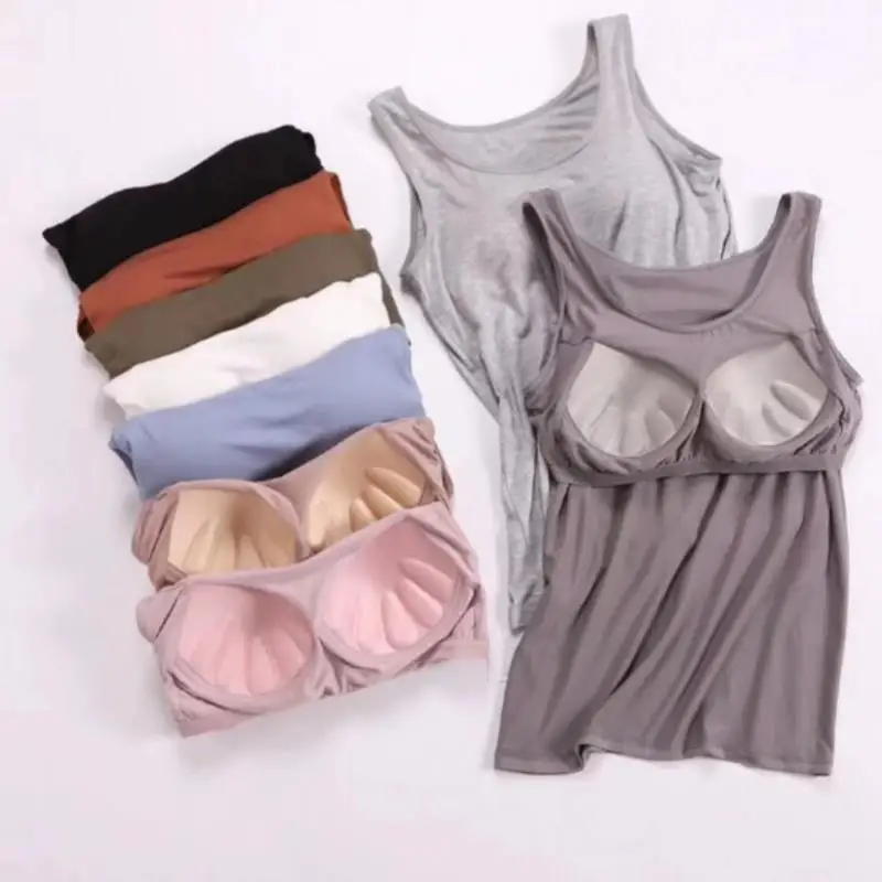 Women's Vest Tops With Built In Padded Bra Vest Slim Fit Tank Tops Sexy Shirts Feminino Casual Underlay Slimming Lingerie Top