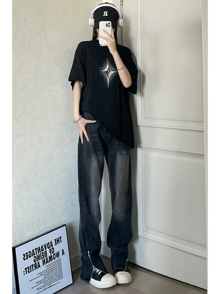 

American High Street Loose Fit Men's Jeans Zipper Slit Design Straight Leg Wear Resistant Youth Faion Autumn Seasonal Wear
