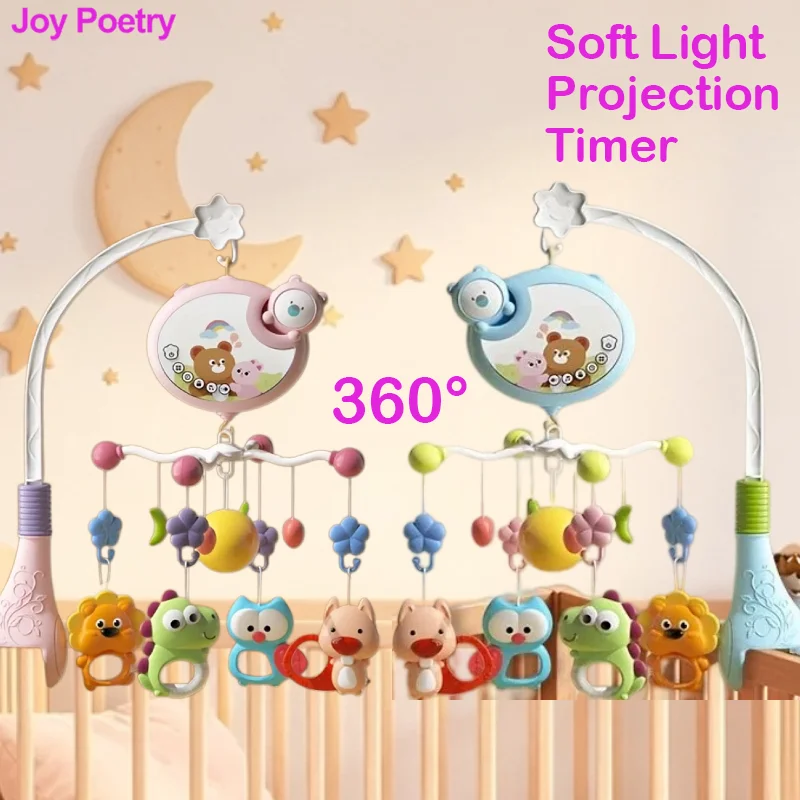 360° Musical Baby Crib Mobile Rotating Night Light Projection Bed Bell Toy Four Speed Timming Hanging Infant Newborn Bedside Gif