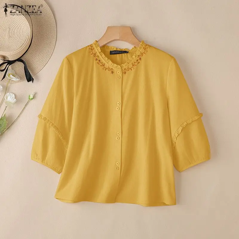 

Women's Spring Summer Cotton Linen Shirts Embroidered Ruffled Trim 3/4 Puff Sleeve Button Up Shirt ZANZEA Woman Clothes S-3XL
