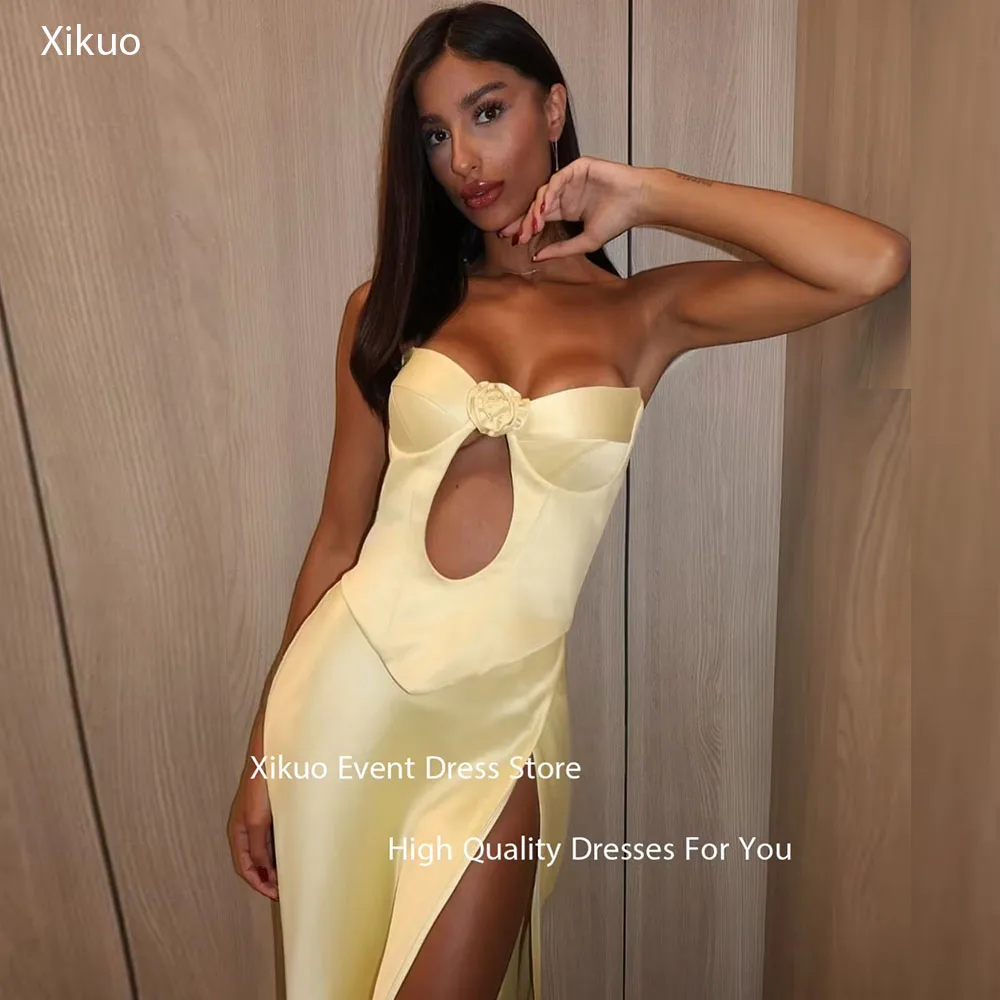 

Xikuo Sweetheart Yellow Satin Formal Evening Gowns Cut Out Side Slit Robe De Soirée Femme 3D Flower Party Dresses Customized