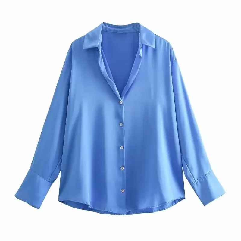 

Women Satin Blouses Button Down Tops Long Sleeve Casual Office Work Shirt V-Neck Loose T-Shirt Female Vintage Y2K Clothing