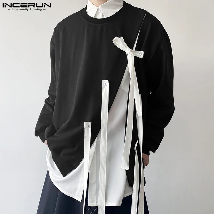 Incerun Tops 2024 Koreaanse Stijl Mode Mannen O-hals Strik Lint Ontwerp Trui Casual Streetwear Effen Lange Mouwen Pullovers S-3XL