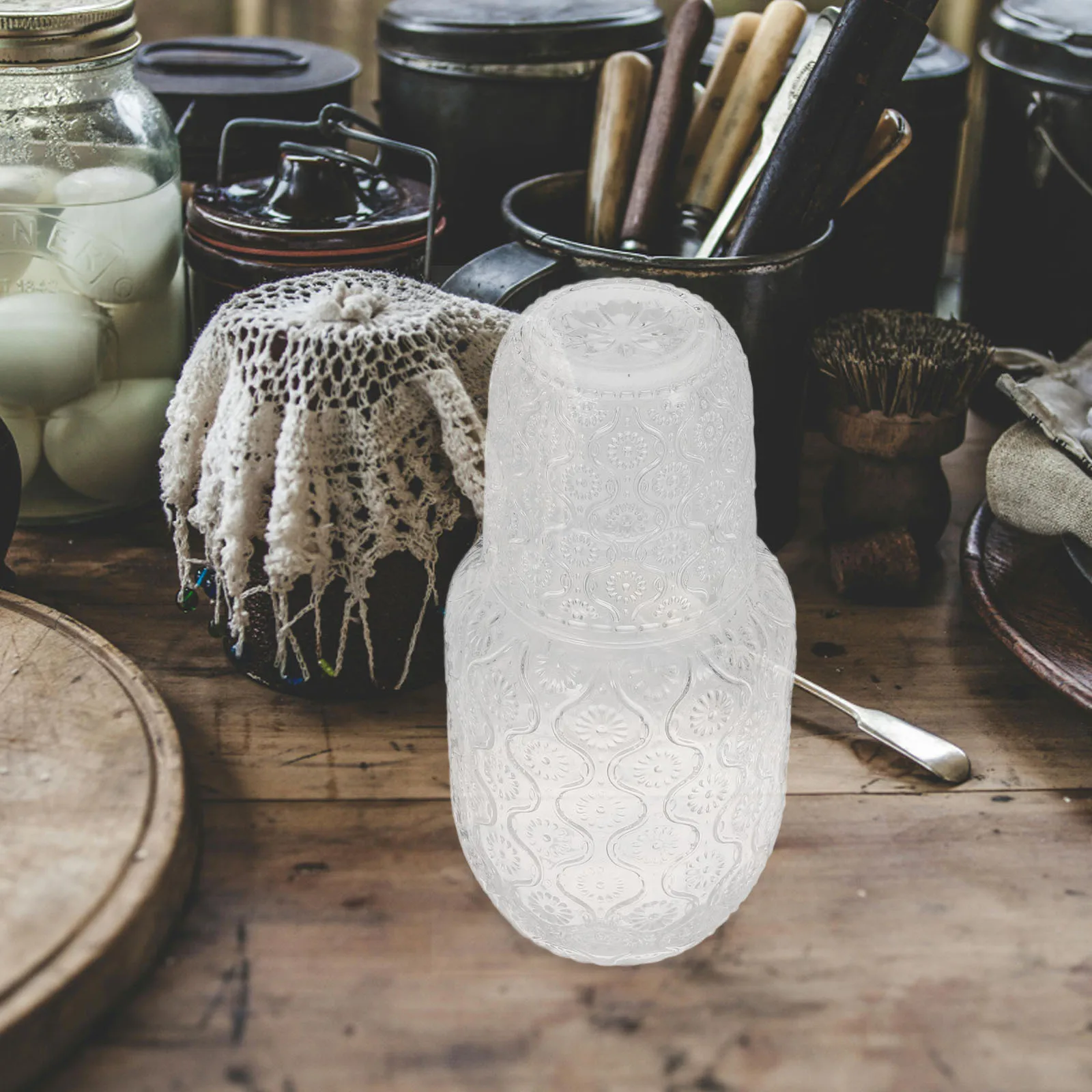 

Glass Carafe Set 600ml Carafe 160ml Cup Embossed Sunflower Design Nightstand Bedside Water Pitcher Clear Glass Water Bottle Cup