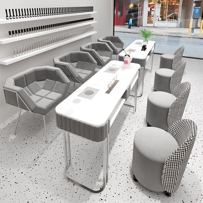 Manicure Table Sintered Stone Marble‑Look Tabletop Metal Chrome Frame Built‑in Vacuum Vent Multi‑station Nail Salon Work Desk