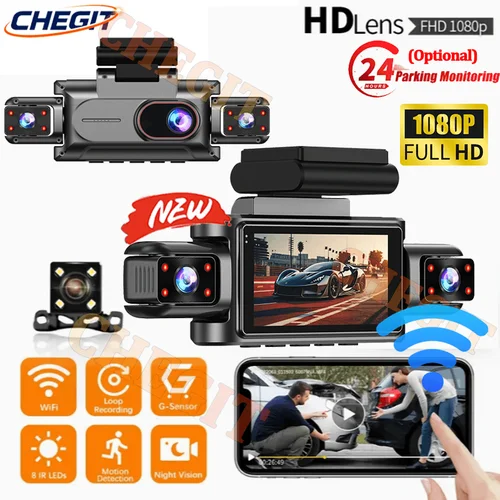 3/4 Lente 360 °   Grabador de vídeo DVR para coche, 1080P, WIFI, cámara de salpicadero frontal izquierda derecha con cámara de visión trasera, accesorios de visión nocturna para coche