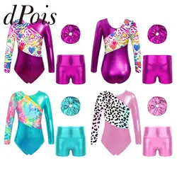 Kids Girls Rhythmic Gymnastics Jumpsuit Skating Leotard Long Sleeve Printed Ballet Leotard Metallic Shorts Performance Outfit