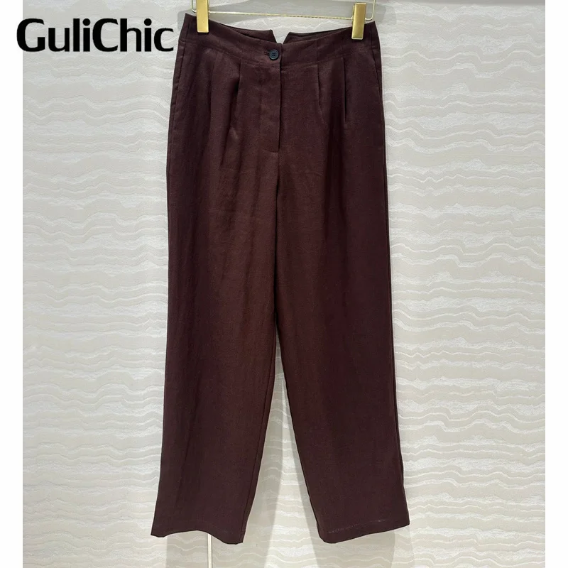 

7.25 GuliChic Women Vintage Simple Solid COlor Mid Waist Pleated Casual Linen Straight Pants
