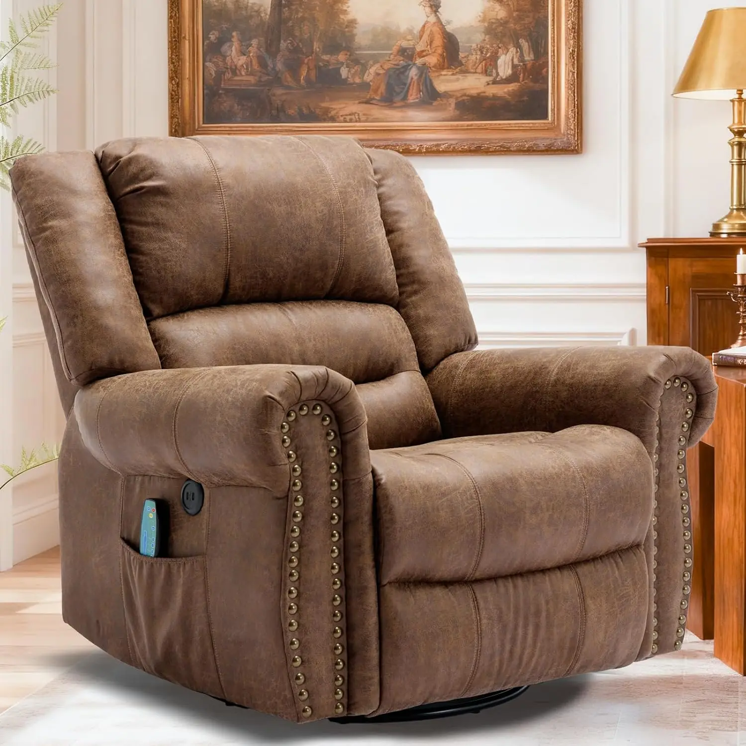 #Heated Vibrating Swivel Rocker Recliner 360° Glider Ergonomic Lounge Chair USB Pocket Nut Brown, Customized