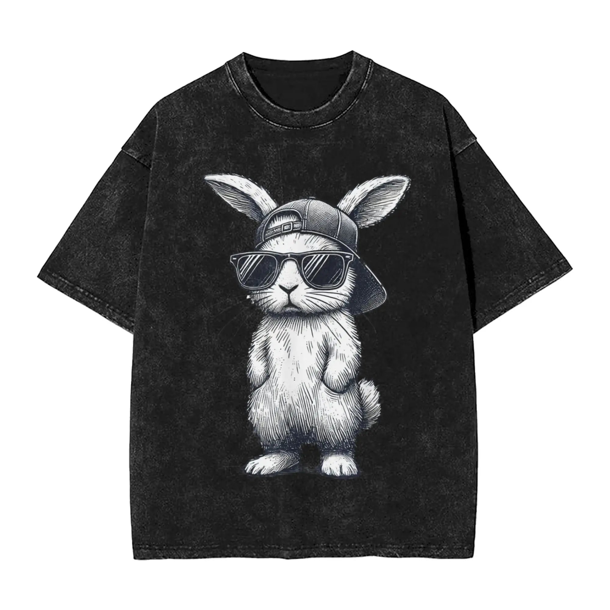 

Men Women's T-Shirt Bunny Face With Sunglasses Cap Washed T-Shirts Trending Summer Tees Y2K Retro Simple Cotton Tops Gift