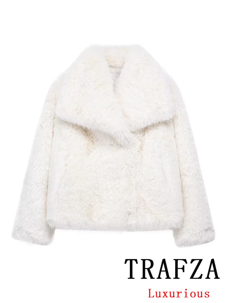 Imagem -03 - Trafza-cabolsas Vintage de Pele Sintética para Mulheres Gola Virada para Baixo Manga Comprida Cabolsa Quente Outwear Branco Chique Moda Inverno e Primavera Monocromático 2024