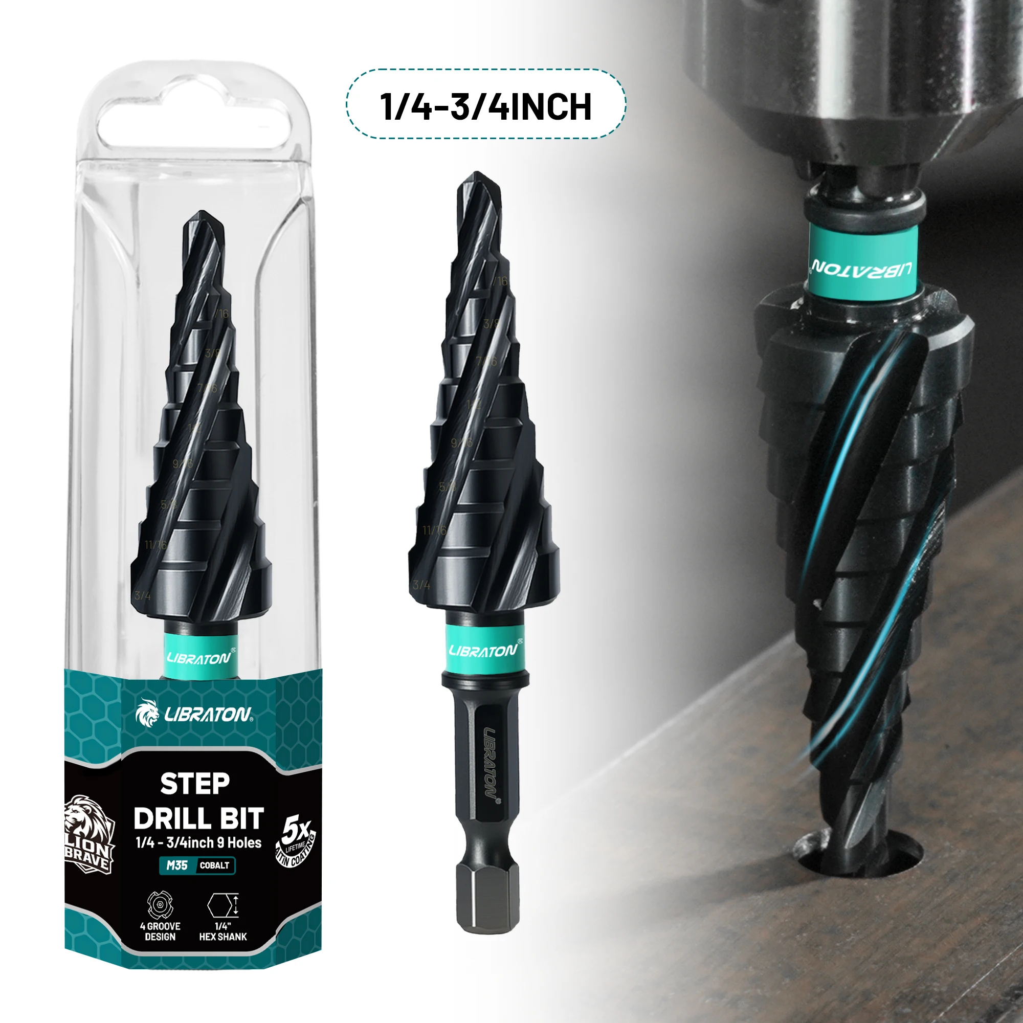 

LIBRATON 1/4"-3/4" Step Drill Bit Four Spiral Flute Step Bits M35 Cobalt 1/4" Hex Shank Step Bits for Stainless Steel Metal Wood