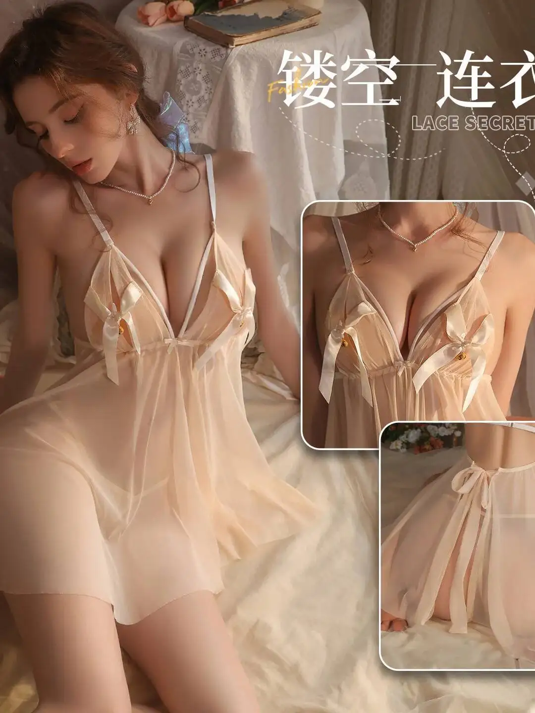 Vestido dulce sin espalda con tirantes en V profundo, vestido de malla de encaje transparente sin mangas, vestido transparente con lazo, vestido de puro deseo elegante 4QYA