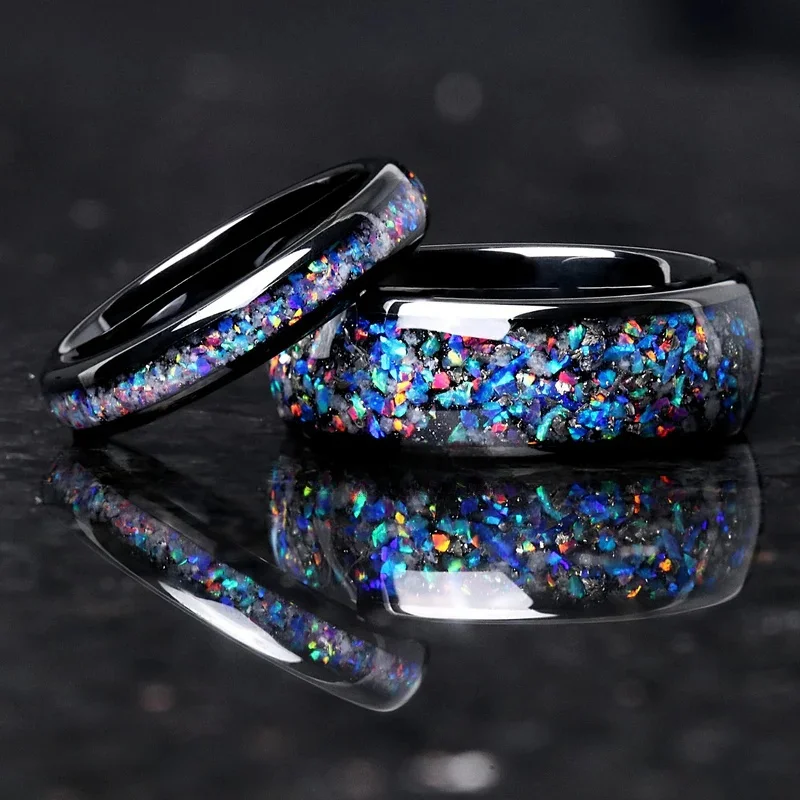 Colorful Blue Opal Fashionable,Personalized and Trendy Men and Women's Black Tungsten Alloy Engagement Ring, Comfortable To Wear