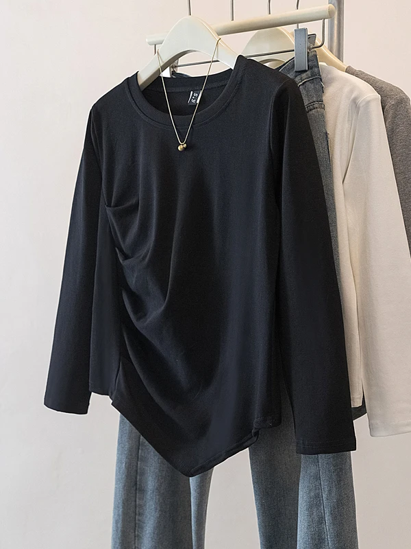 Irregular Long Sleeve Base Shirt Women's Spring Autumn plus Size Flattering Design Sense Pleated Top Korean Style Loose Fit