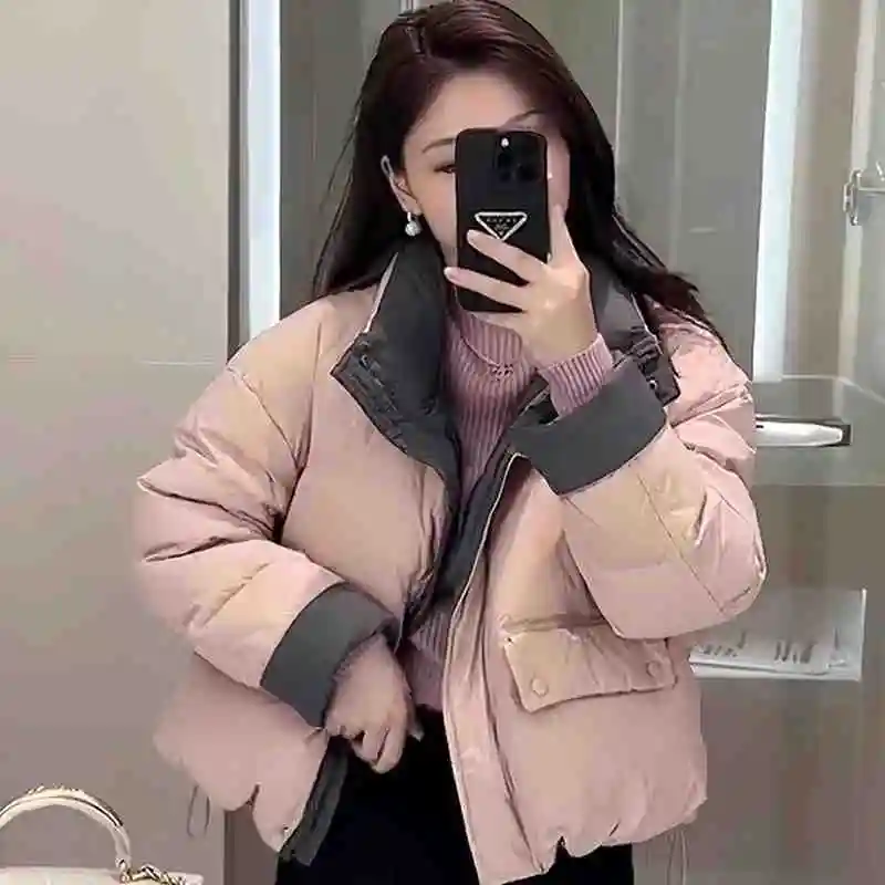 2026 Women's Fashion Winter New Korean Edition Color Block Stand Up Collar with Velvet Short Small Thick and Warm Jacket