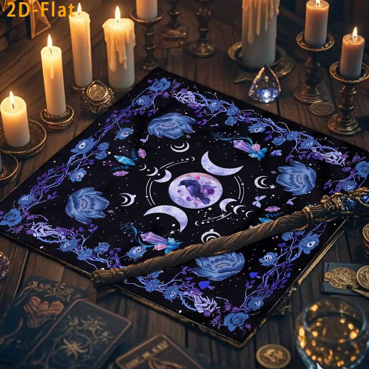 Triple Moon Phase Tarot Tablecloth  Black Crow Divination Tablecloth Blue Life Flower Altar Cloth Beginner's Divination Tools