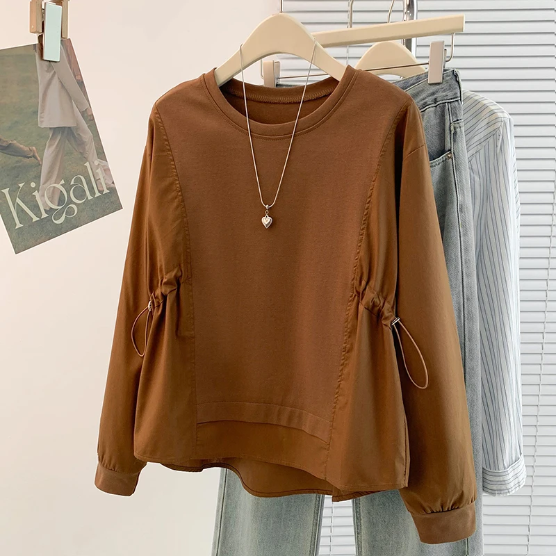 Color Block Long Sleeve T-Shirt Women's Drawstring Waist Design Autumn Fashion Slimming plus Size High-End Feel Top