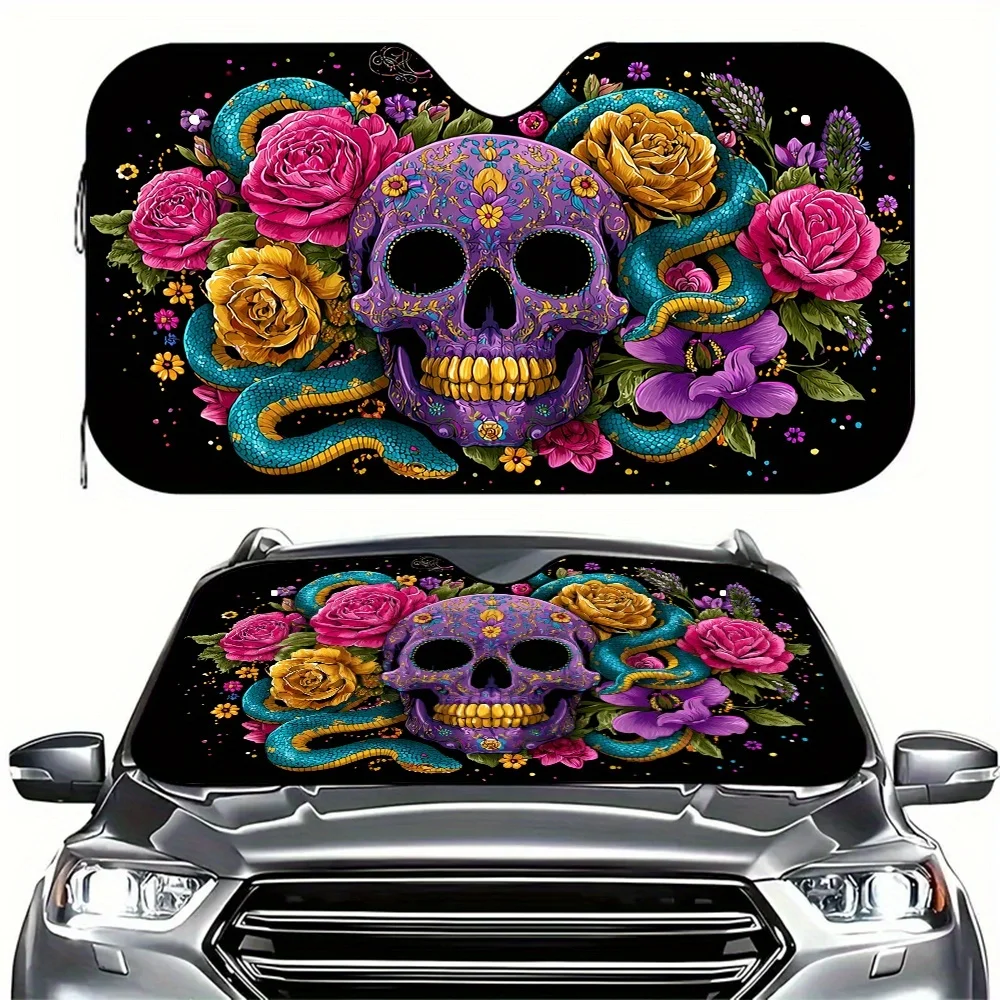 1pc Skull Flower Snake Art Windshield Sunshade & Foldable Car Cover - UV Protection & Heat Reflective, Durable Polyester With Ro