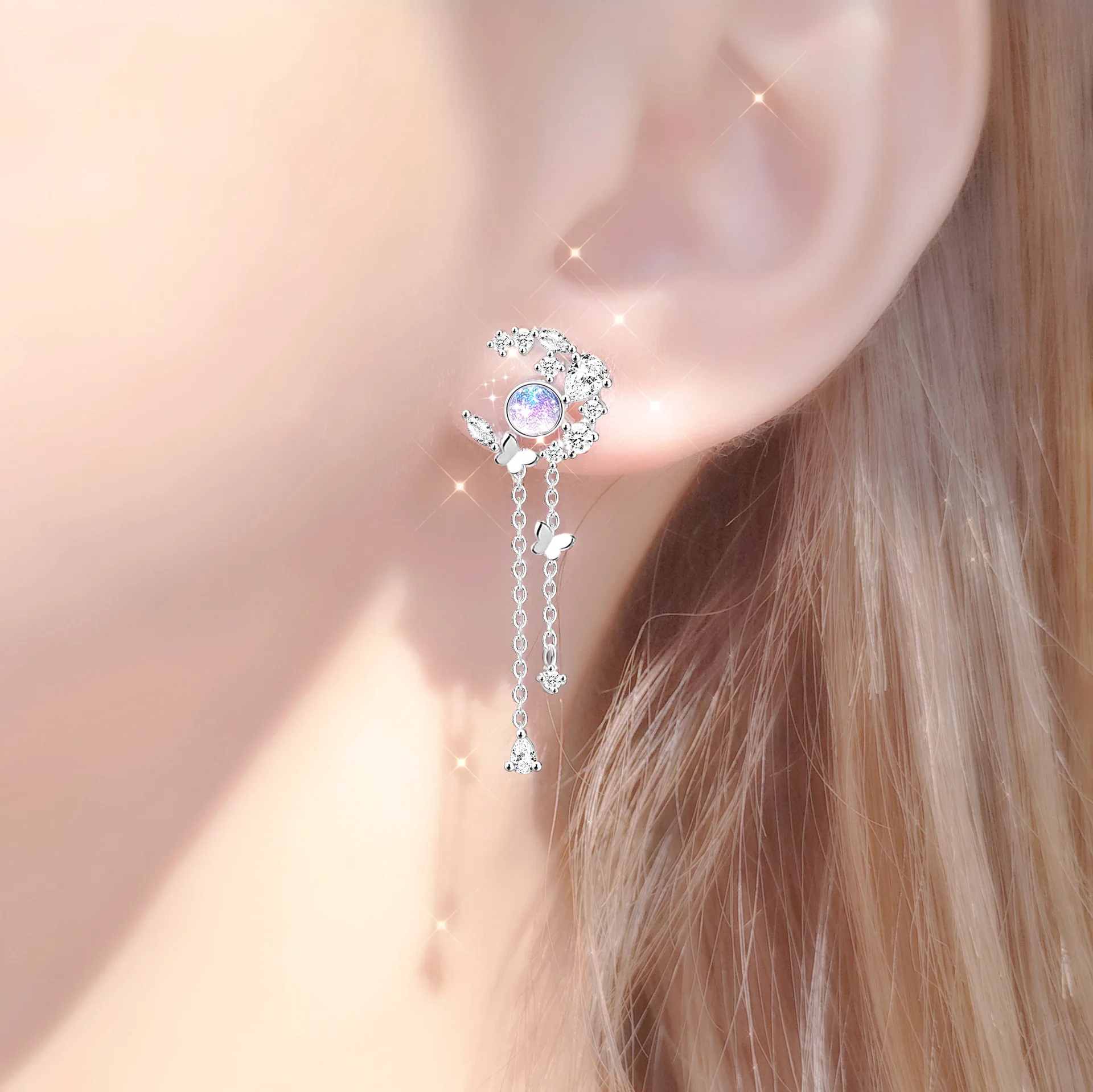 Cute 925 Sterling Silver Butterfly Moon Stone Crystal Drop Earrings For Women Girls Anniversary Party Fashion Jewelry Gifts