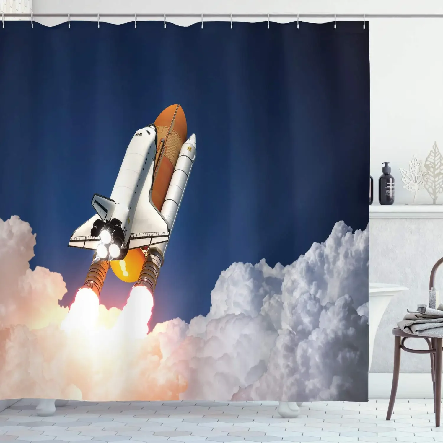 Space Rocket Shower Curtain Outer Space Explore Galaxy Waterproof  Polyester Fabric Shower Curtain Bathroom Screen with Hooks