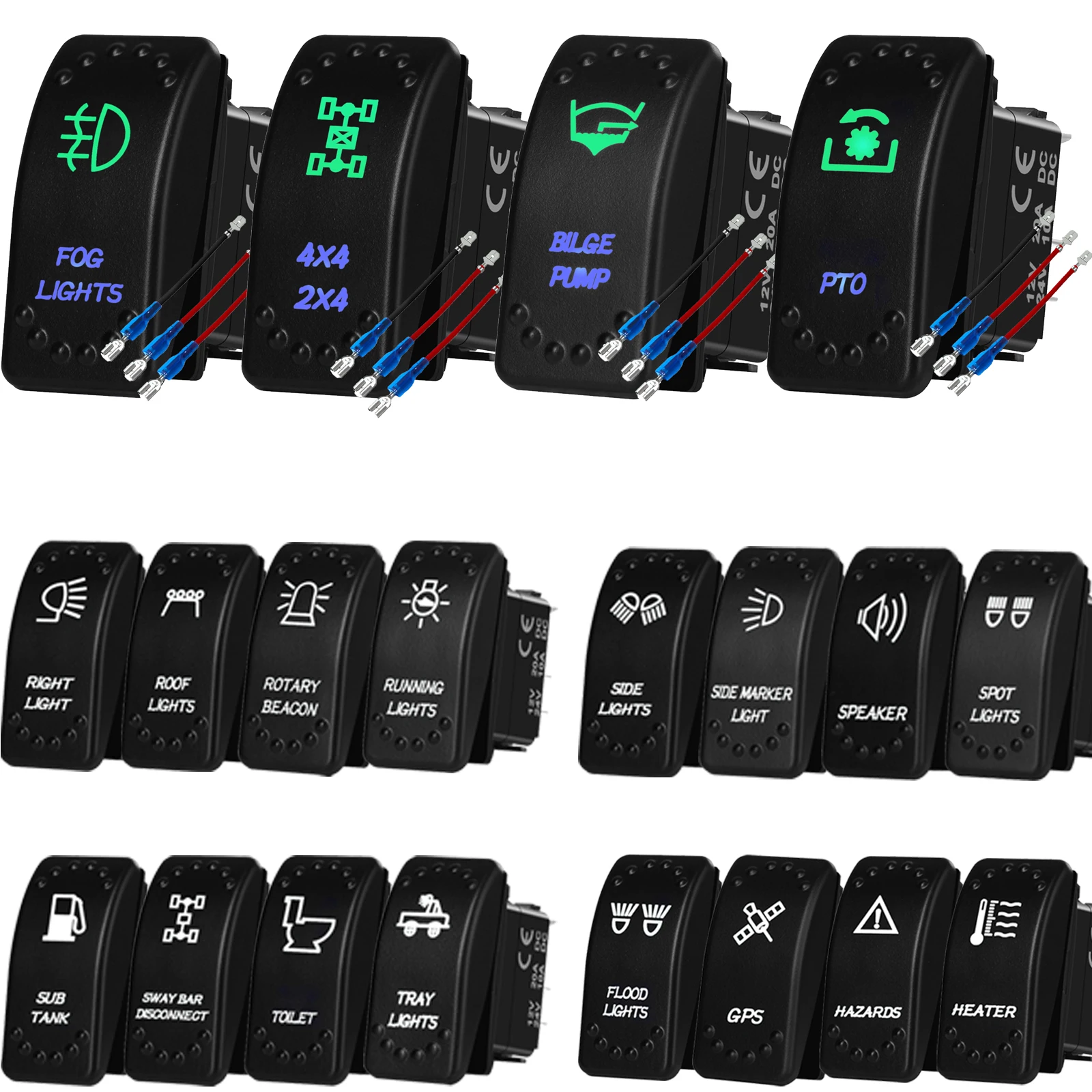 12V/24V Waterproof Rocker Switch 3P ON/OFF SPST 20A Green Blue LED Light for Car Boat ATV UTV 4x4 Polaris RZR Ranger Can Am Jeep