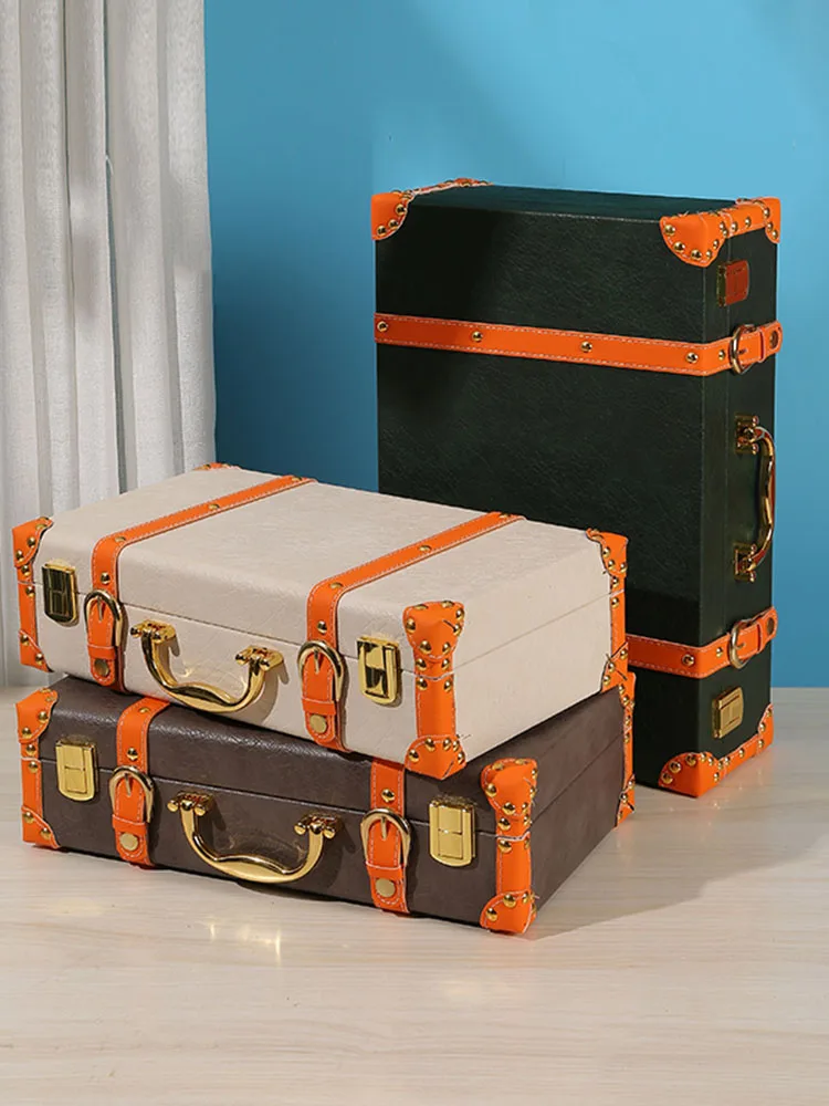 Customized Creative Clothing Storage Boxes,Portable Suitcases Photography Props Box, Retro Leather Wooden Organizer Luggage Case