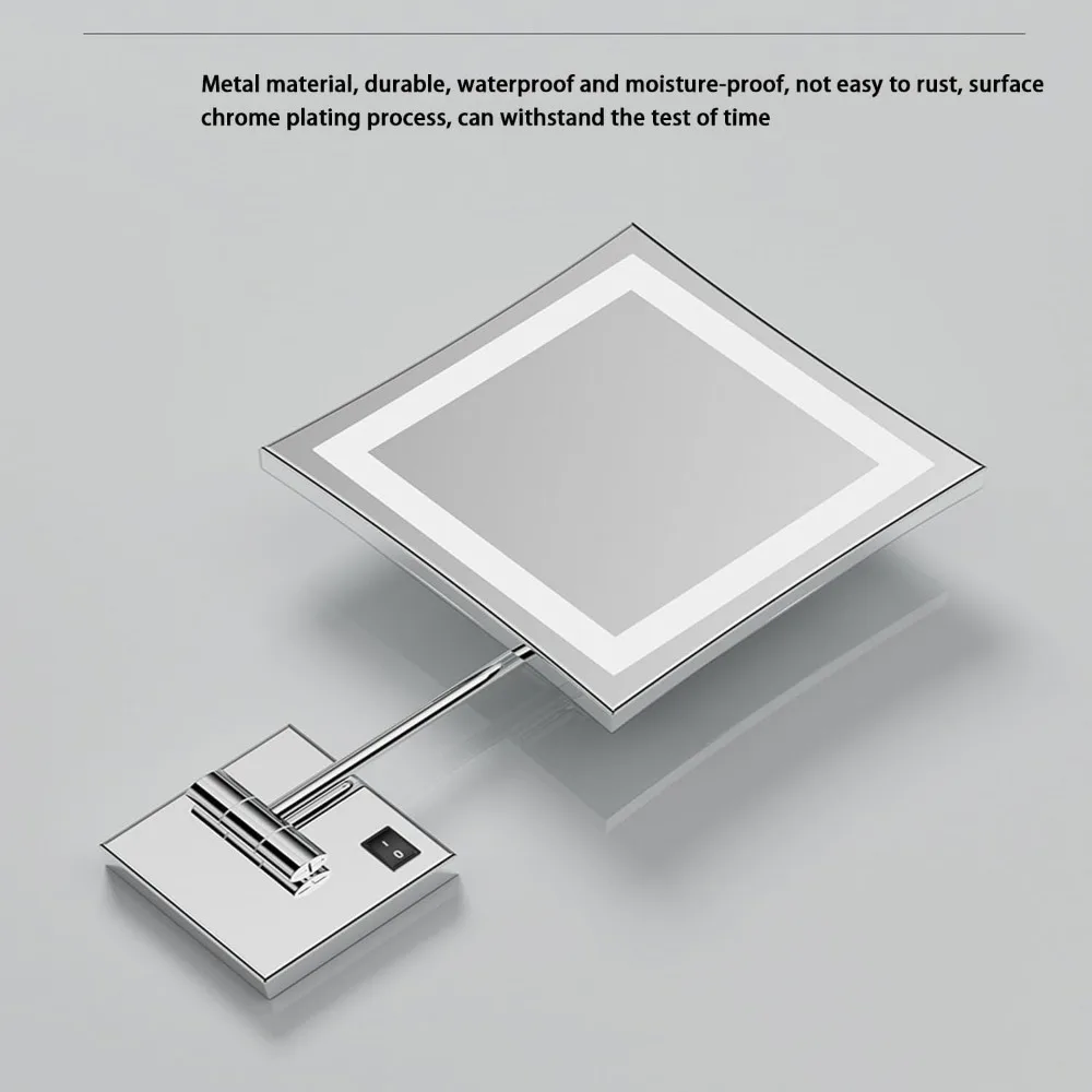 8-Zoll-Wand-Make-up-Spiegel mit quadratischem LED-Beleuchtung und 3-facher Vergrößerung und Ein-/Aus-Schalter für Schönheit und Rasur