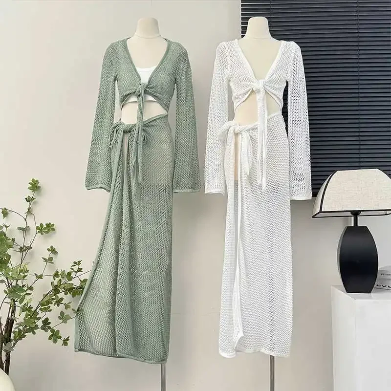 Sexy Hollow Out Knitted Top and Skirt Sets Outfits Women Elegant Summer Wrap Over Split 2 Piece Set Holiday Beachwear