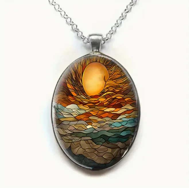 Oval Shaped Glass Pendant Necklace with Sunset Pattern, Romantic and Fashionable Jewelry