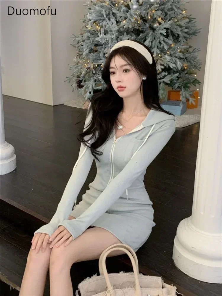 Duomofu Coquette Sexy Mini Blue Dress Women Korean Style Cute Long Sleeve Hooded Dreeses Y2k Egirl Sweet Corset Winter Vestidos