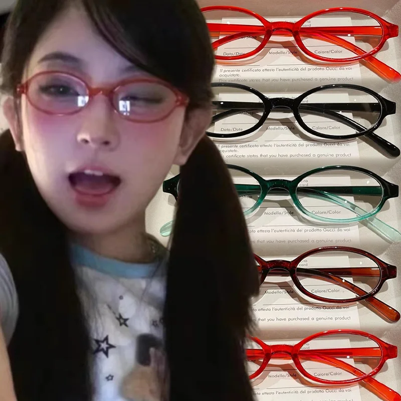 Gafas ovaladas de montura estrecha japonesas para mujer, gafas Vintage Y2K antiluz azul, gafas decorativas Harajuku a la moda