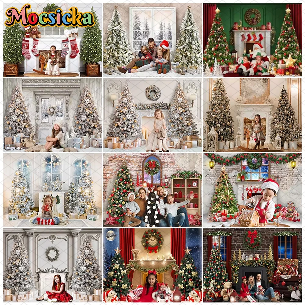 

Mocsicka Christmas Tree Backdrop Window Fireplace Gift Decor Baby Family Portrait Photography Background Studio Banner Photocall