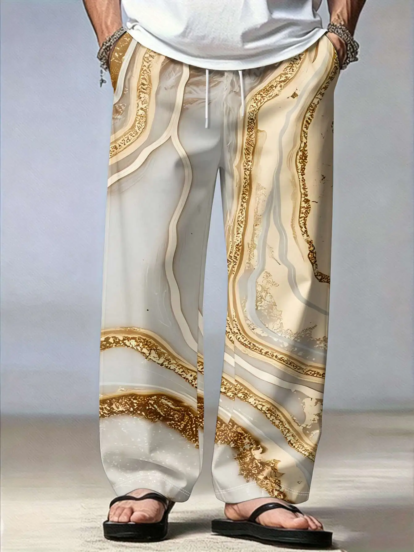 New Men's Casual Pants with Golden Vein Wrapped Shoal Pattern, Layered Cream-like Flat Print Design