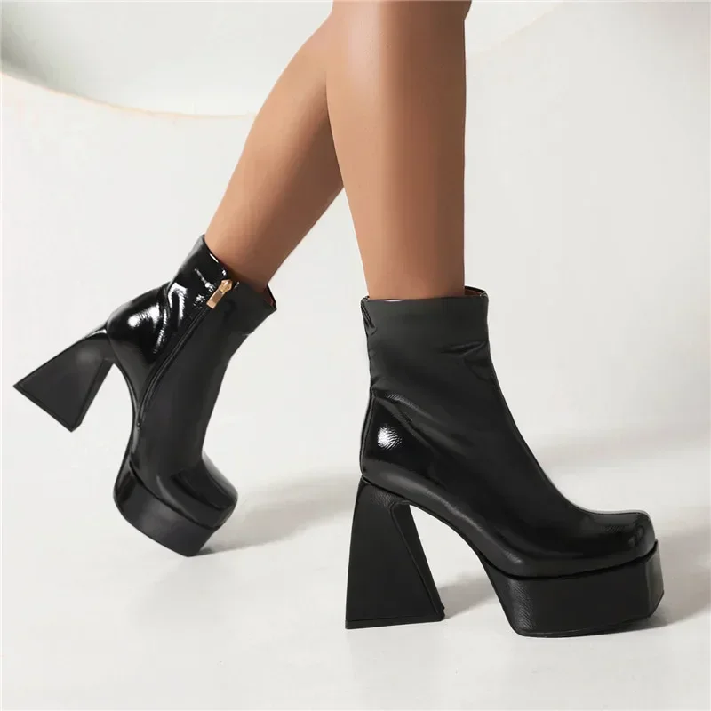 Winter Patent Leather Platform Ankle Boots Women High Block Heels Red Black Party Dress Lady Square Toe Zipper Plush Short Boots