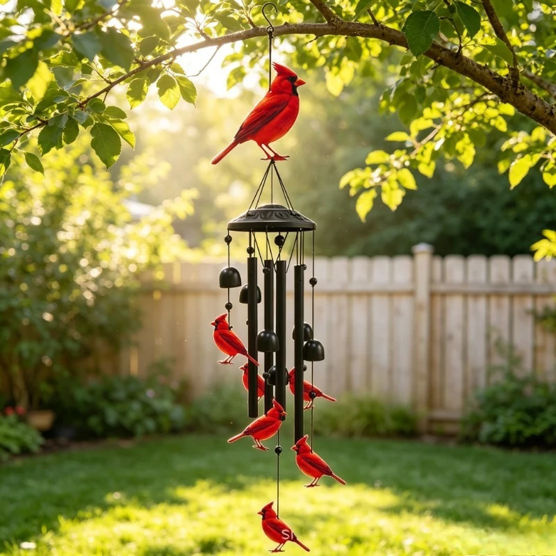 Wind Chime Black Metal Red Cardinal Bird Wind Chime Hanging Bells Ornament for Yard  Home Garden Outdoor Decor Art Craft Gift