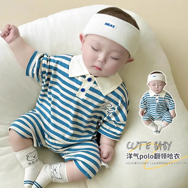 

Jenny&Dave Baby Bodysuit 2023 Summer Clothing for Boys and Babies Striped Short Sleeve Creeper Sweetheart Thin Full Moon Toddler