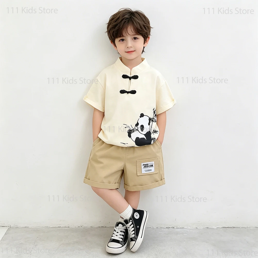 Chinese Style Children's Top And Bottom Clothes Set Kids Boy Panda Print 2Pcs Suit For Boys Clothes Sets Casual Summer Dress Up
