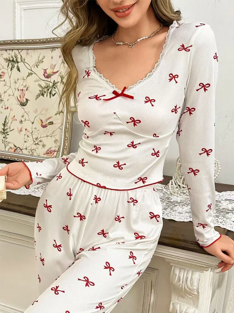 Sweet Bowknot Print Pajama Set Women Fashion Lace Spliced Long Sleeve Tops Pants Korean Style Casual Color Blocked Sleepwear