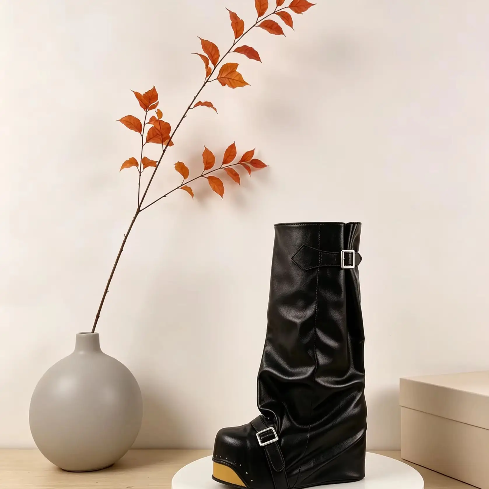 Leather Metallic Rivet Platform Heels Boots Slouchy Mid Calf Casual Round Toe Folds High Street Style Buckle Women Shoes