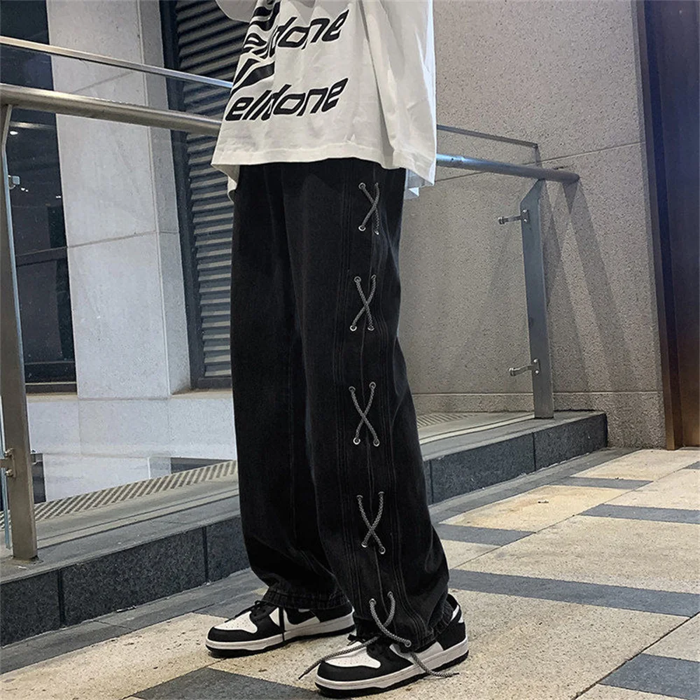 2025년 가을 신상 한국 패션 남성 와이드 레그 진 스트릿웨어 스트레이트 배기 데님 팬츠 남성 브랜드 바지